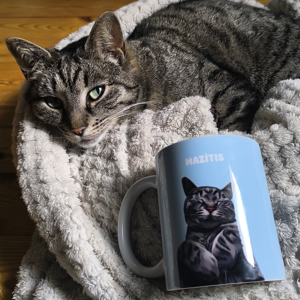 Photo of blue custom pet portrait ceramic mug featuring grey cat on the mug called Mazītis and the actual cat laying next to the mug