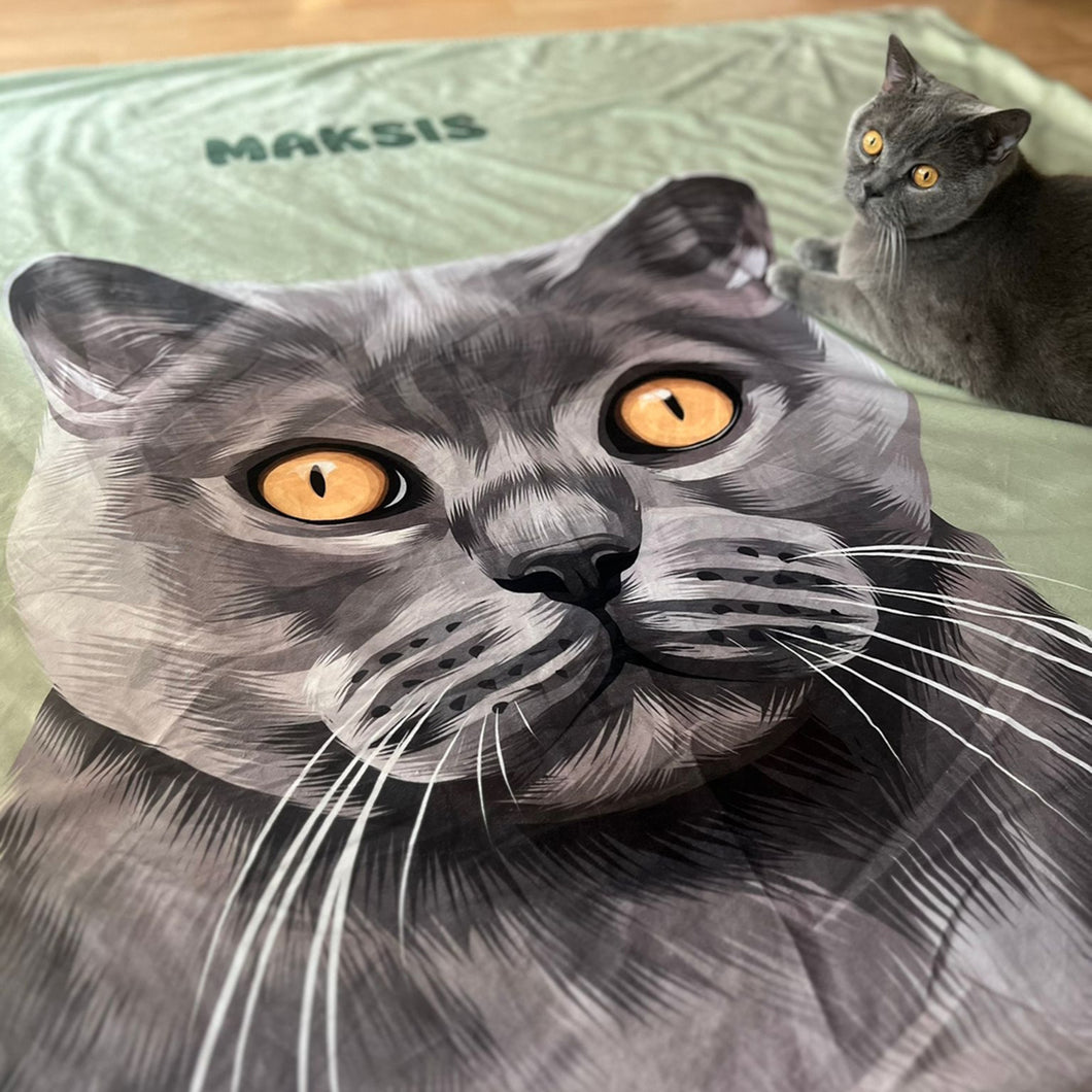 Close up photo with green custom pet portrait fleece blanket with grey cat's artwork on it. Also the cat itself is laying on the blanket.