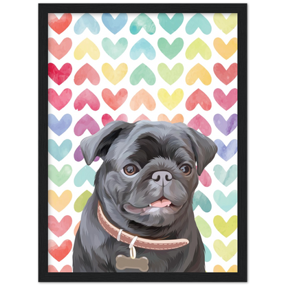 Close up mock up photo with transparent background of custom pet portrait framed poster with dog's  artwork on it with colorful hearts background behind the dog