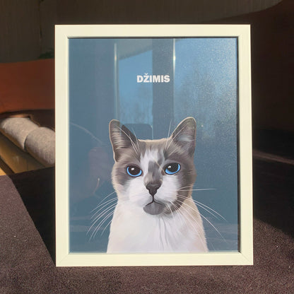 Close up photo of charcoal custom pet portrait framed poster with white and grey cat's artwork on it, framed in white frame, called Džimis