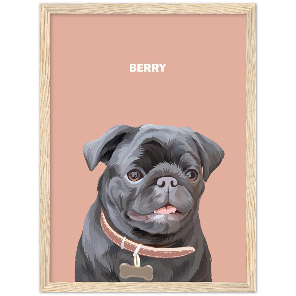 Close up mock up photo of custom pet portrait framed poster with dog's  artwork on it with pale wood frame around the poster