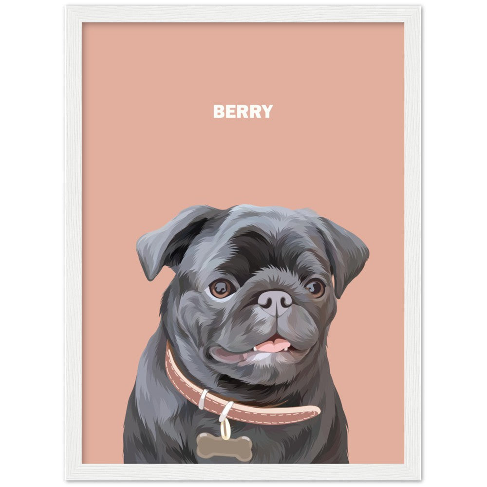 Close up mock up photo of custom pet portrait framed poster with dog's  artwork on it with white frame around the poster