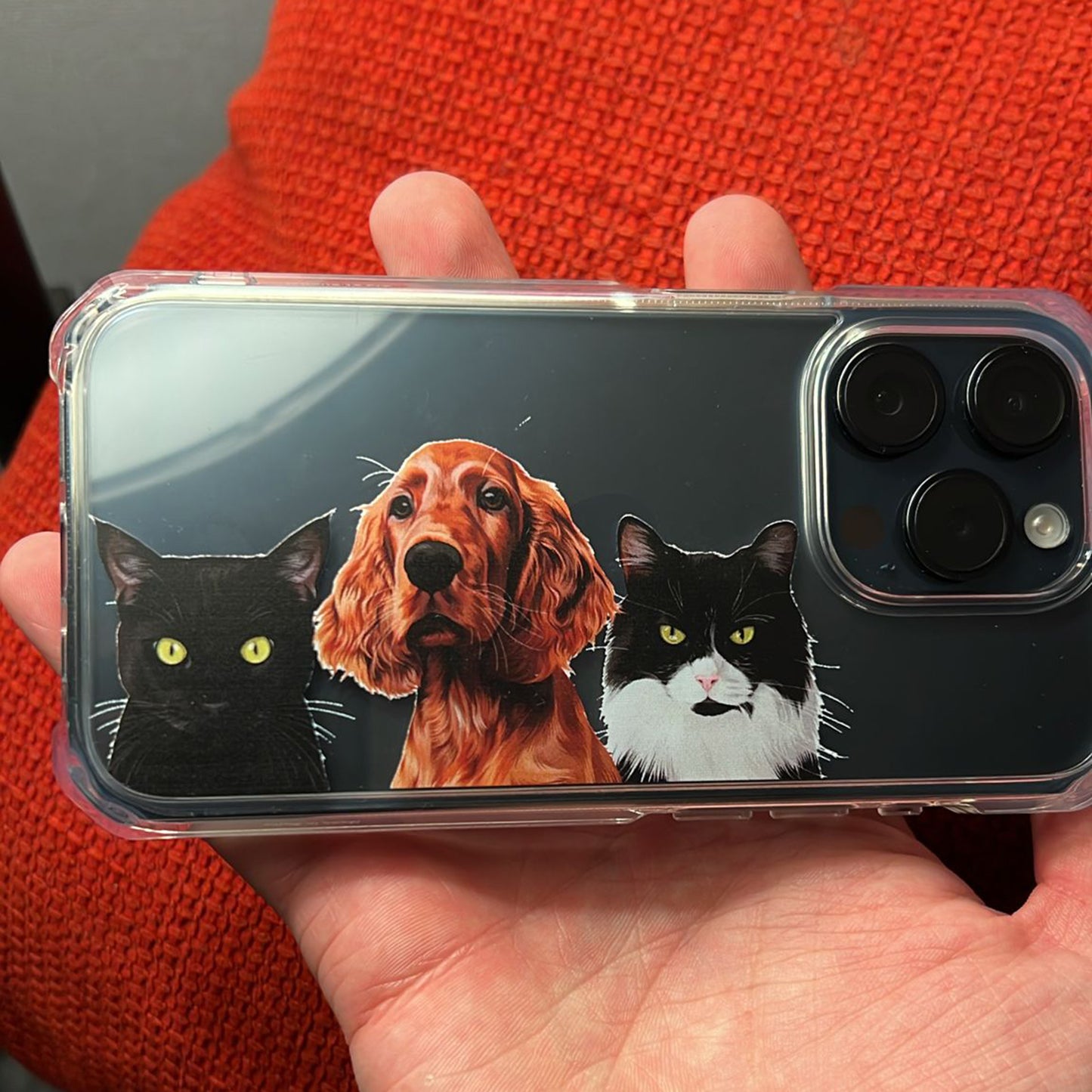 Close up photo of human holding in hand transparent custom pet portrait phone case featuring two cats and one dog in the middle