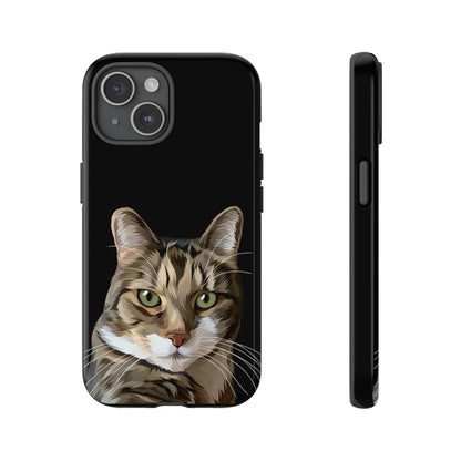 Close up mock up photo of black  custom pet portrait tough phone case with cat's artwork on it