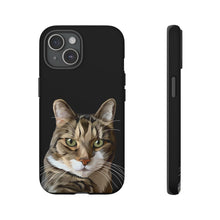 Load image into Gallery viewer, Close up mock up photo of matte black custom pet portrait tough phone case with cat&#39;s artwork on it
