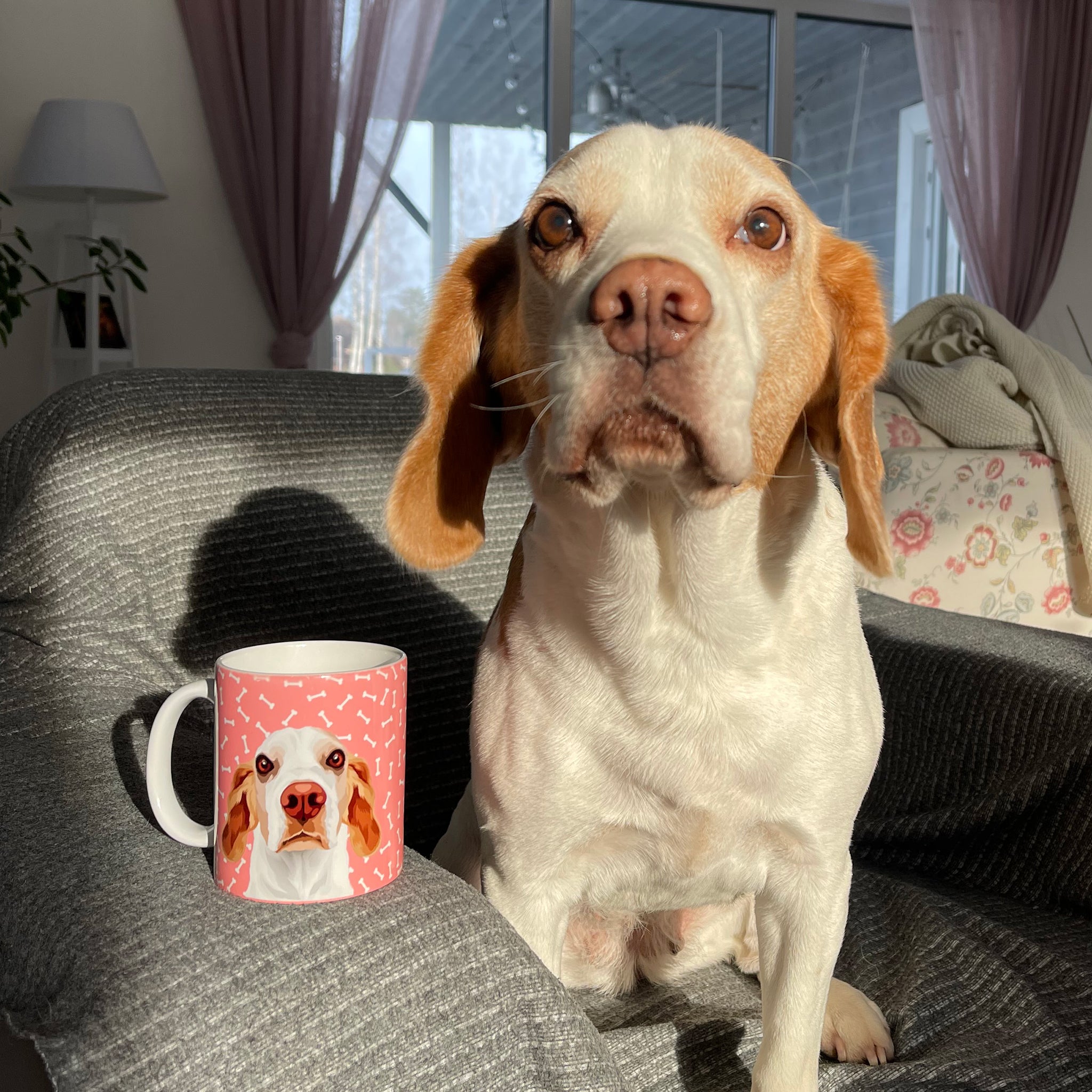 Photo of custom pet portrait ceramic mug with dog's artwork on it sitting next to the actual dog that is beagle