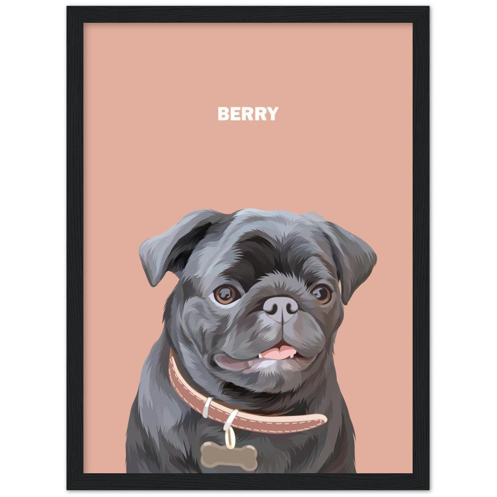 Close up mock-up photo of custom pet portrait framed poster with dog's  artwork on it with black frame around the poster