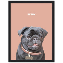 Load image into Gallery viewer, Close up mock-up photo of custom pet portrait framed poster with dog&#39;s  artwork on it with black frame around the poster
