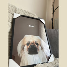 Load image into Gallery viewer, Close-up photo of a custom pet portrait framed poster featuring artwork of a white dog
