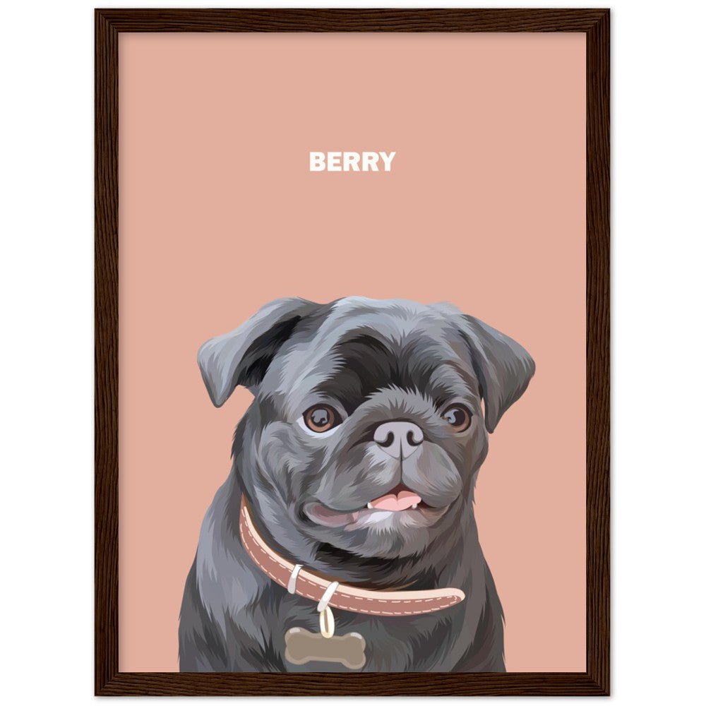 Close up mock-up photo of custom pet portrait framed poster with dog's  artwork on it with dark wood frame around the poster