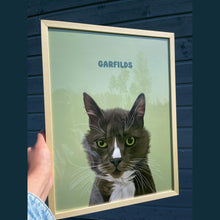 Load image into Gallery viewer, Close-up photo of a custom pet portrait framed poster featuring artwork of a dark grey cat

