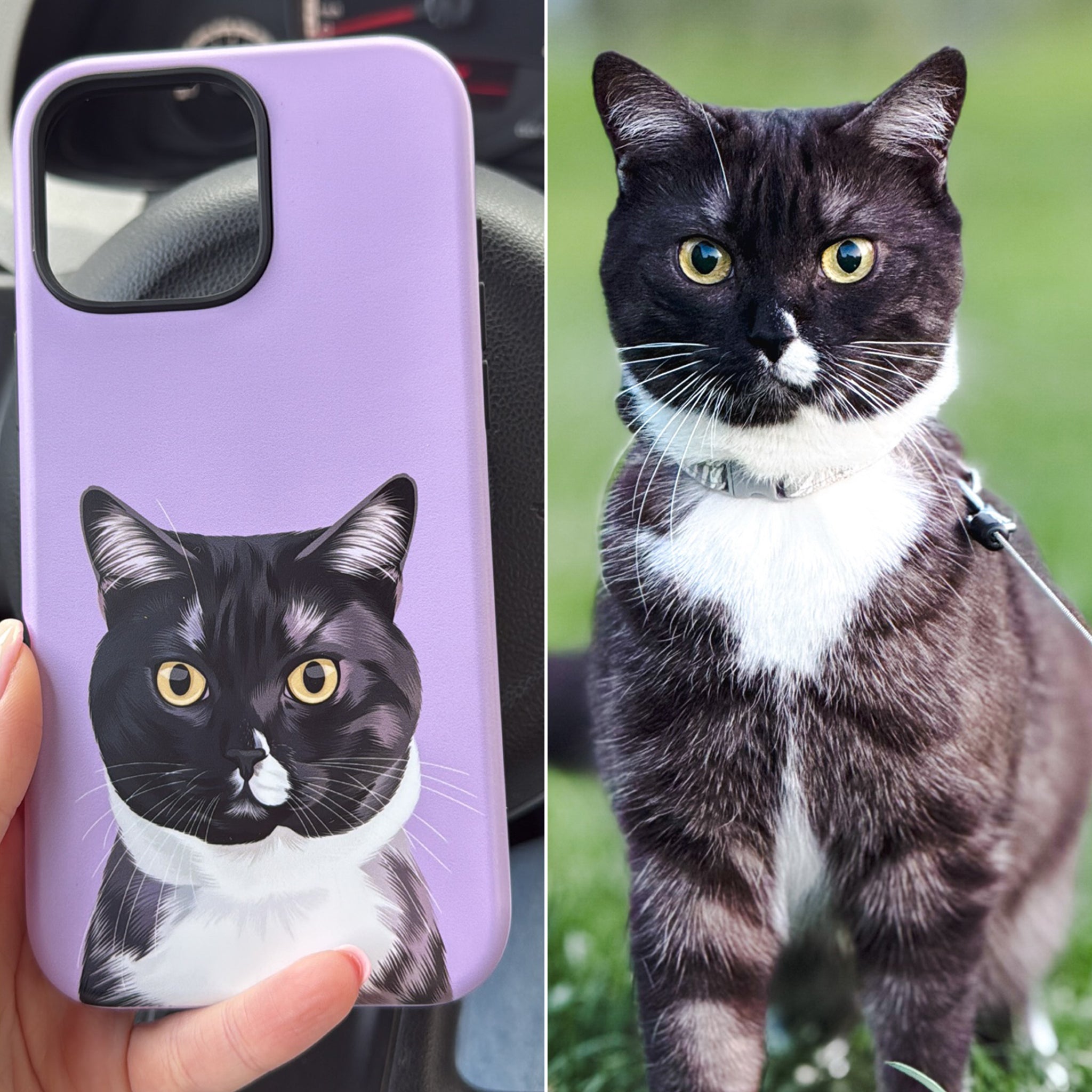 Before/after photo. There are photo of cat from which the artwork was drawn, there are also close-up photo of actual phone case with cat's artwork on it