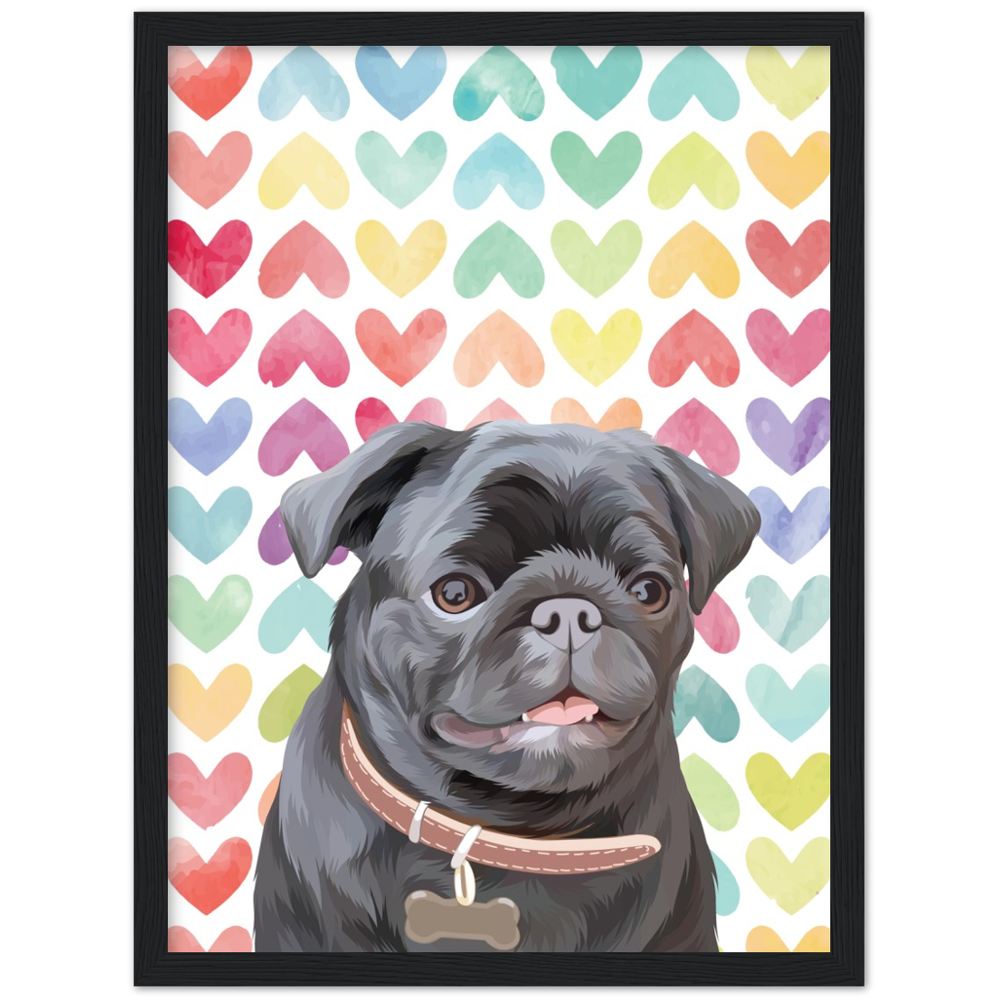 Close up mock-up photo of custom pet portrait framed poster with dog's  artwork on it with colorful hearts background behind the dog